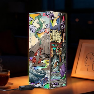 Wooden Box Lamp 4 Sided Anime Desk Light, Rayquaza Lugia Ho-Oh Arceus Gengar Lightbox, Custom Gamer Gift Traditional Japanese Scroll Decor