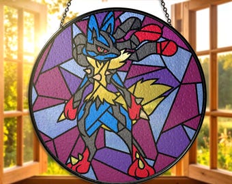 Lucario Stained Glass Suncatcher Lucario Aura Fighter Window Art Lucario Anime Room Decor Unique Lucario Gift for Fans Collectors Xmas Gifts
