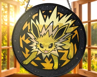 Attrape-soleil Jolteon en vitrail, décoration de fenêtre suspendue Jolteon, cadeau geek pour les collectionneurs de joueurs, attrape-soleil Jolteon Evolution, cadeau Jolteon