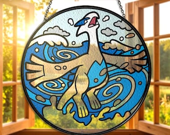 Lugia Stained Glass Suncatcher, Legendary Lugia Window Hanging Decor, Blue Ocean Lugia Glass, Lugia Gift for Fan, Lugia Suncatcher Xmas Gift