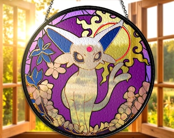 Espeon Stained Glass Window Hanging Handmade Espeon Suncatcher Purple Anime Espeon Home Decor Gift Espeon Floral Suncatcher Gifts