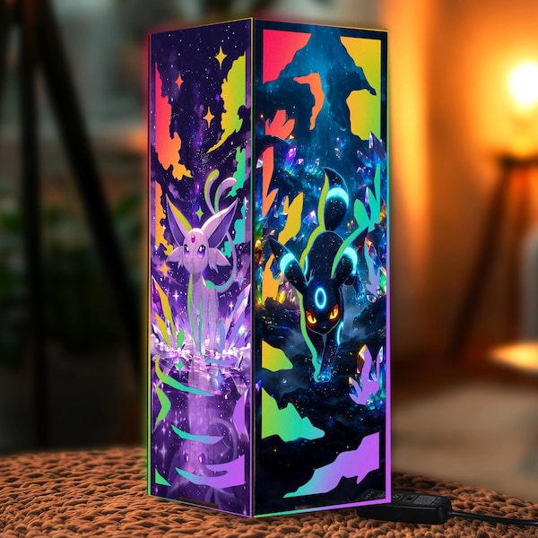 Espeon Umbreon Wooden Box Lamp, Espeon Umbreon Anime LED Night Light, Eeveelution Decor, Gamer Room Lighting, Handmade Espeon Umbreon Gift