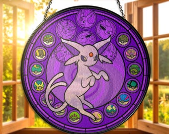 Apanhador de sol de vitral Espeon, decoração para janela Espeon Eeveelution, presente para apanhador de sol de anime Espeon para fãs de Espeon, presentes para amantes de Espeon