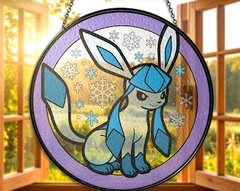 Glaceon Gebrandschilderd glas Suncatcher Kerst Winter Sneeuwvlok Glaceon Raam Opknoping Decor Glaceon Ice Type Gift Gamer Room Decor Xmas Gifts