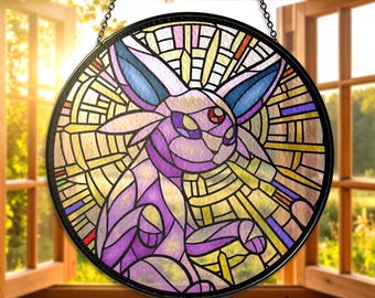 Vitral Espeon - Apanhador de Sol Espeon Roxo, Tipo Psíquico, para Pendurar na Janela - Presente Ideal para Fãs de Anime e Jogos - Arte Decorativa em Vidro