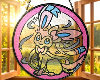 Sylveon Buntglas Sonnenfänger, Sylveon Fensterschmuck, Rosa Feentyp Sonnenfänger Geschenk, Anime Sylveon Wohnkultur Sylveon Geschenke