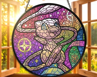 Mew Stained Glass Suncatcher, Cute Pink Mew Window Hanging Decor, Anime Glass Art Gift for Gamer, Mew Home Decor Suncatcher, Mew Lover Gifts