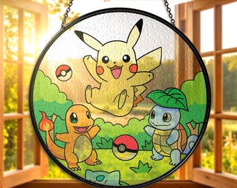 Atrapasueños de cristal de Pikachu, Charmander, Squirtle, Bulbasaur, bonito atrapasol para colgar en la ventana, decoración para habitación de gamer, regalo para amantes de los fans de la Navidad.