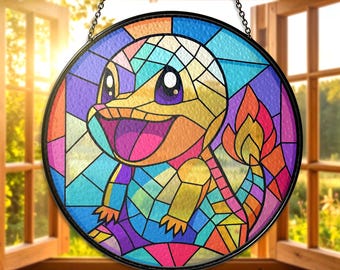 Charmander Stained Glass Suncatcher Charmander Hanging Decor, Cute Anime Gift for Gamers Collectors, Fire type Generation 1 Suncatcher Decor