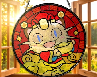 Atrapasueños de vitrales de Meowth, decoración colgante para ventana de Meowth, atrapasol de gato de la suerte de Meowth, regalo de Meowth de anime para fans, regalos de decoración del hogar de Meowth