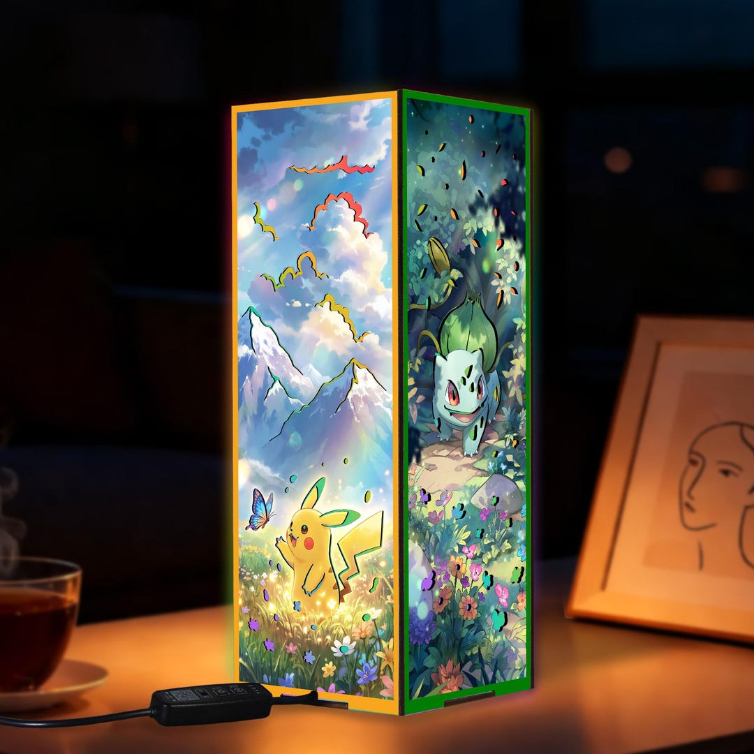 Wooden Box Lamp, Pikachu Bulbasaur Charmander Squirtle Night Light ...