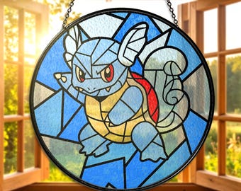 Blastoise Glasmalerei Suncatcher Wartortle Blastoise Geschenk Gamer Zimmer Dekor Wasser Typ Blastoise Kunst blaues Glas hängende Suncatcher Geschenke