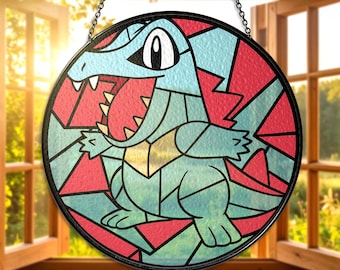 Totodile Inspired Stained Glass Suncatcher Johto Starter Totodile Window Art Cute Water-Type Decor Gift for Totodile Fan Totodile Suncatcher