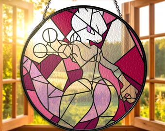 Mewtwo Stained Glass Suncatcher Mewtwo Window Hanging Art Psychic Type Decor Mewtwo Anime Gift Gamer Room Nerdy Home Decor Mewtwo Suncatcher