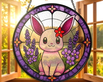 Espeon vitral pendurado feito à mão Espeon Suncatcher roxo anime Espeon decoração para casa presente lavanda Espeon floral Suncatcher presentes