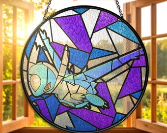 Apanhador de sol de vitral Latios, decoração de janela suspensa com dragão azul Latios, presente de anime, janela Latios para fãs, decoração de suspensão com apanhador de sol Latios