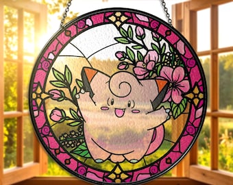 Clefairy Stained Glass Suncatcher, Pink Fairy Clefairy Window Hanging, Cute Clefairy Anime Decor, Clefairy Gamer Gift, Clefairy Home Decor