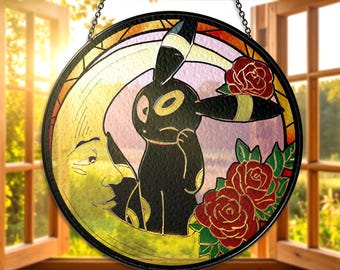 Umbreon Rose Glasmalerei Suncatcher Umbreon Eeveelution Fensterschmuck, Anime Gamer Geschenk, Umbreon Raumdekor, Suncatcher Weihnachtsgeschenke