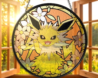 Attrape-soleil en vitrail Jolteon inspiré de l'art de la fenêtre Jolteon, cadeau geek Jolteon, décoration de chambre Jolteon Gamer, ornement coloré en verre Jolteon