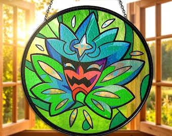 Attrape-soleil Leafeon en vitrail attrape-soleil Leafeon pour fenêtre, décoration suspendue de type herbe attrape-soleil Leafeon, attrape-soleil Leafeon, cadeau en verre pour les amoureux de Leafeon