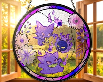 Gastly Haunter Gengar Stained Glass Suncatcher Gastly Haunter Gengar Window Decor Ghost type Purple Floral Sun Catcher Dark Type Xmas Gift
