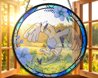 Lugia Stained Glass Suncatcher, Legendary Lugia Window Hanging Decor, Blue Ocean Lugia Glass, Lugia Gift for Fan, Lugia Suncatcher Xmas Gift