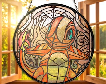Charmander Stained Glass Suncatcher Charmander Hanging Decor, Cute Anime Gift for Gamers Collectors, Fire type in Generation 1 Suncatcher