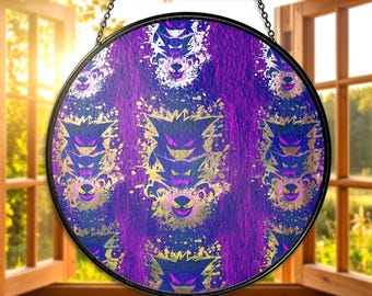 Gengar Haunter Gastly solfångare i målat glas, spökliknande fönsterhängande, lila gotisk anime-dekor, present till spelrum, Gengar solfångare