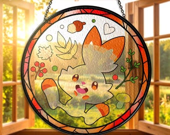 Cute Scorbunny Stained Glass Suncatcher Anime Scorbunny Window Hanging Decor Colorful Scorbunny Suncatcher Gift for Gamers  Collectors Decor