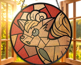 Vulpix Stained Glass Suncatcher Fire-Type Fox Vulpix Fan, Round Orange Red Window Hanging, Unique Vulpix Gamer Gift, Vulpix Suncatcher Decor