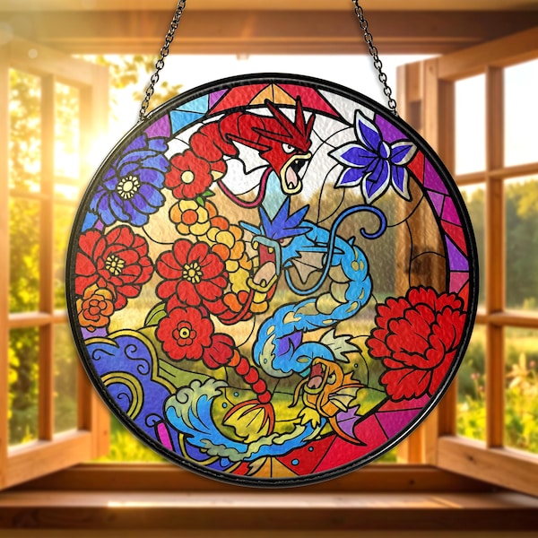 Magikarp to Gyarados Stained Glass Suncatcher Shiny & Blue Magikarp to Gyarados Evolution Art Suncatcher Window Hanging Gift Decor Xmas