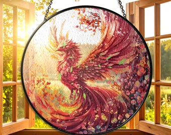 Panel colgante redondo para ventana con atrapasol de vitrales de fénix, arte de vidrio con pájaro ardiente, atrapasol mítico, regalo de decoración para el hogar, fénix de Halloween