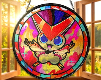 Witrażowy łapacz słońca Victini, wiszący na okno Victini, ognisty, psychiczny łapacz słońca Victini, uroczy, fanowski, anime, dekoracja, prezent Victini Gifts