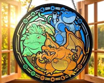 Stained Glass Starter Suncatcher Charizard Blastoise Venusaur Suncatcher Hanging Charizard Blastoise Venusaur Gamer Decor Anime Art Gifts