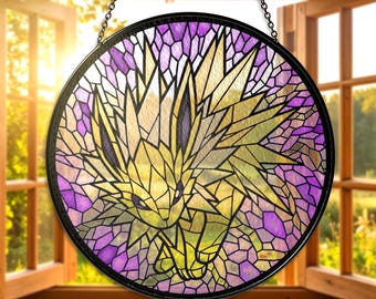 Attrape-soleil en vitrail Jolteon inspiré de l'art de la fenêtre Jolteon, cadeau geek Jolteon, décoration de chambre Jolteon Gamer, ornement coloré en verre Jolteon