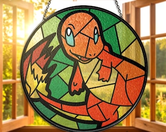 Charmander Stained Glass Suncatcher Charmander Hanging Decor, Cute Anime Gift for Gamers Collectors, Fire type in Generation 1 Suncatcher
