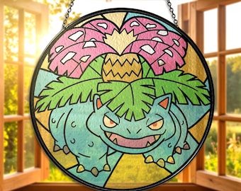 Venusaur Stained Glass Suncatcher Venusaur Window Hanging Grass Type Floral Decor for Gamers Anime Fans Venusaur Lover Venusaur Home Decor