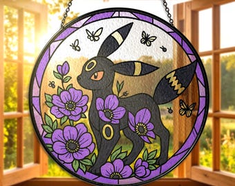 Umbreon Stained Glass Suncatcher Umbreon Window Hanging Floral Gothic Glass Art for Fans and Collectors Umbreon Lover Umbreon Gifts Decor