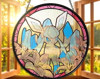 Glaceon Stained Glass Suncatcher Glaceon Ice Type Window Hanging Decor Cute Anime Gift for Glaceon Fans Collectors, Glaceon Suncatcher Decor