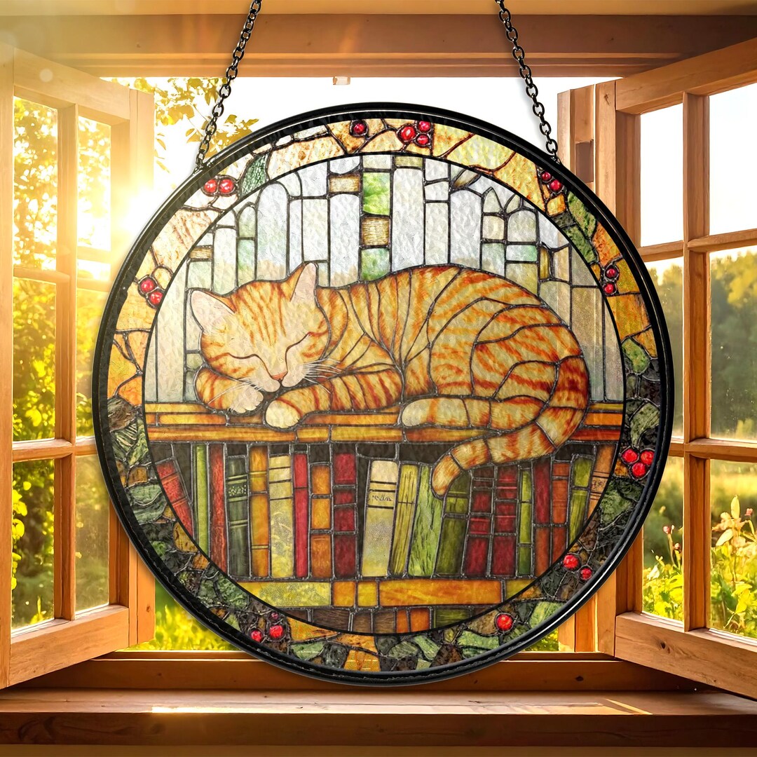 Cat Stained Glass Window Hanging Sleeping Tabby Suncatcher Cozy Home ...