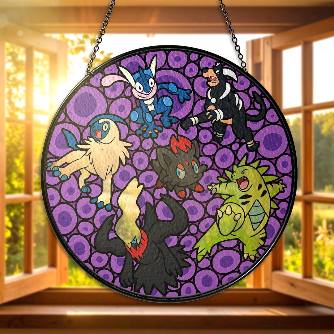 Dark Type Stained Glass Suncatcher Tyranitar, Zorua, Darkrai