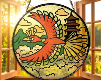 Ho-Oh Stained Glass Suncatcher, Legendary Ho-Oh Window Hanging Decor, Ho-Oh Suncatcher, Gift for Collectors, Christmas Ho-Ho Decor Gifts