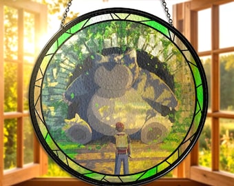 Snorlax Stained Glass Suncatcher Snorlax and Trainer Inspired Hanging Decor Snorlax Gamer Room Gift Snorlax Anime Art Sun Catcher Geek Gift
