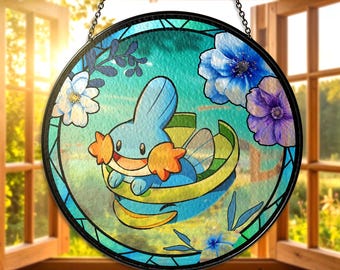 Mudkip Stained Glass Suncatcher Cute Water Type Mudkip Window Hanging Mudkip Anime Floral Decor Gift for Mudkip Lovers Mudkip Fan Suncatcher