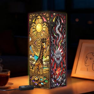 May include: A rectangular lamp featuring stained glass style panels. One side displays a giraffe in a savanna landscape under a yellow sun. The adjacent side depicts a dark, furry creature surrounded by red and grey flames in a gothic archway.
