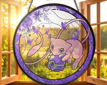 Mew Stained Glass Suncatcher, Cute Pink Mew Window Hanging Decor, Anime Glass Art Gift for Gamer, Mew Home Decor Suncatcher, Mew Lover Gifts