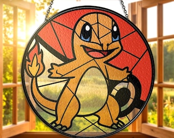 Charmander solfångare i målat glas, Charmander fönsterdekor, eldliknande solfångare, Charmander för fläkt, Charmander-älskare