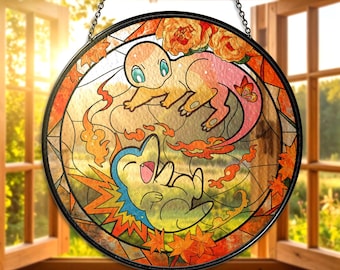 Feuer Duo Glumanda und Cyndaquil Glasmalerei Suncatcher, Glumanda Cyndaquil Fensterschmuck, Suncatcher Geschenk für Fans, Weihnachtsdekor