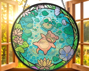 Lindo vitral de Slowpoke Suncatcher Ventana de Slowpoke colgando con arte de estanque floral Regalo de anime para los fanáticos Amante de Slowpoke Slowpoke Suncatcher
