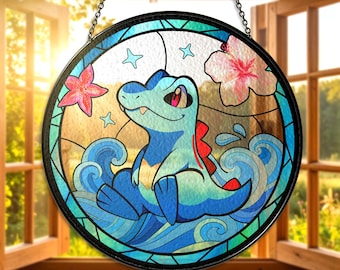Totodile Stained Glass Suncatcher Totodile Water Type Window Hanging Decor Cute Totodile Anime Ocean Art Gift for Totodile Fan Totodile Gift